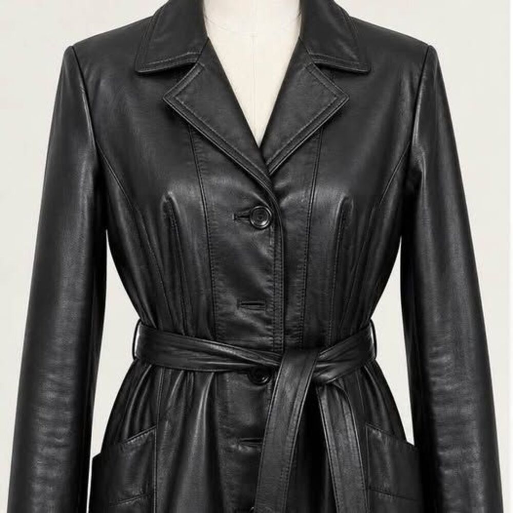 Vintage Classic Creations Blk Genuine Leather Belted Trench Coat Jacket Size 12